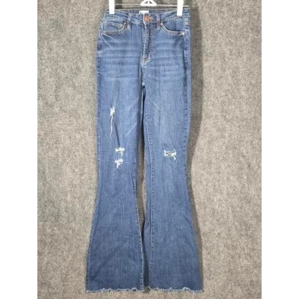 Womens 5 27 Jeans Flare High Rise Blue Distressed Bell Bottom Raw Hem YMI
